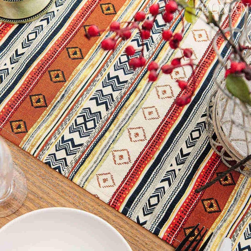 BOXAN Antique Southwestern Native Design Table Runner Cloth, Boho Cotton Geometric Striped Pattern Tribal Table Cover for Farmhouse Home Dinning Living Room Western Style Party Decor (12 X 48 inch) - Image 4